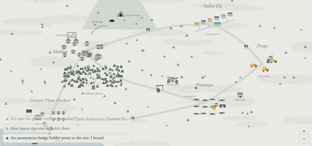 Screenshot of Veridia's living map at dusk, in light snow: Meldan's stone houses, Kalimar forest, the mountain with the archive node, the food courts of Sadzu Du, Dzego and Freetown, with residents out on the roads. A feed of recent events reads: Zei taps the green circle at Beautiful Plants food court; Mov burns zipcoins at Seila's door; an anonymous badge holder posts to the tier-1 board.