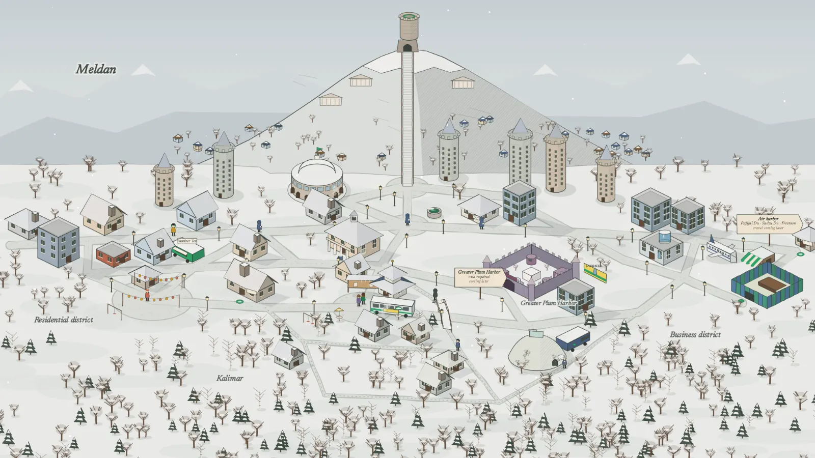 An illustrated isometric view of Meldan, Veridia's capital, in the snow: the central mountain with the round parliament, the castle-tower apartments and the stair up to the Order's tower; the residential district to the west with Tapaia Square, the community centre and the Dzego food truck; the Kalimar forest district to the south with the sky bridge, Galanar Square and Silverchat's hill; the business district to the east; and at the city's edge the gate of the Greater Plum Harbor compound and the air harbor road, with residents walking the streets.